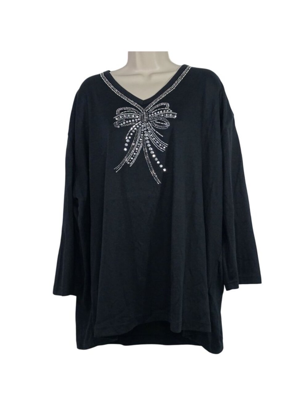 Vintage Get Lucky Black Top Women Size 3XL Rhinestone Studded V-Neck Long Sleeve